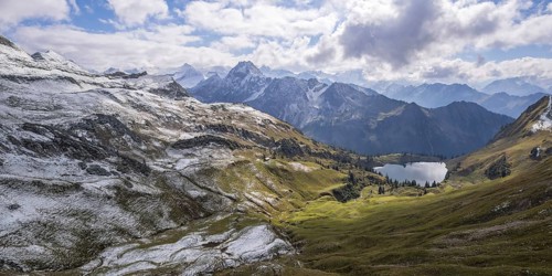 Panorama from Zeigersattel to Seealpsee, in the back left the Hoefats 2259m, Allgaeuer Alps,