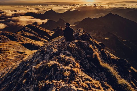 Sunrise hike on the Hochplatte in the Ammergau Alps, Ammergebirge in the Allgäu, Bavaria, Germany,