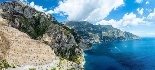 Panorama of Amalfi Drive from a drone, Amalfi Coast, Positano, Italy, Europe