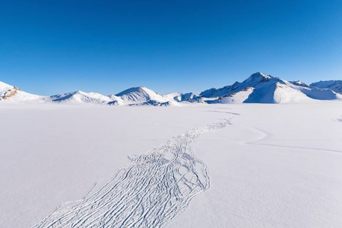 Winter landscape of the Pamir plateau, animal tracks, Jarty Gumbez, Gorno-Badakhshan province,