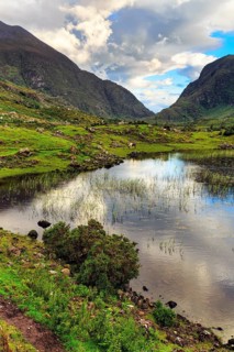Lakeshore at dusk, Gap of Dunloe mountain pass, Killarney, Ring of Kerry scenic road, Iveragh