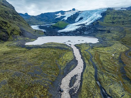 Aerial view of glacier Falljökull, a glacier tongue of Vatnajökull glacier, glacial lake, Iceland,