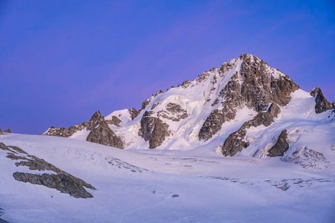 High alpine mountain landscape at sunset, Glacier du Tour, glacier and mountain peak, summit of the