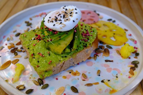 Avocado bread with egg, Breakfast, Food, Barcelona, Catalonia, Spain, Europe