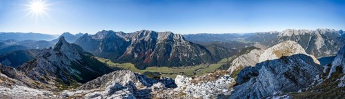 Panorama, view at the summit of the Große Arnspitze, mountain panorama with Karwendel Mountains and