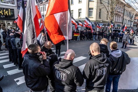The neo-Nazi group Jung und Stark, JS, demonstrates in the city centre of Essen, demanding the