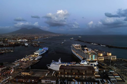 Naples Ferry Terminal at night from a drone, Molo Immacolatella Vecchia, Naples, Campania, Italy,