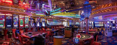 Las Vegas, Nevada, USA, March 10, 2024: Casino gambling blackjack and slot machines waiting for