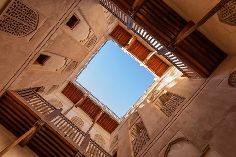 Inner courtyard of the Jabrin palace fortress, view upwards, Jabrin, near the town of Bahla,