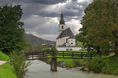 Parish church of St Sebastian, bridge, stream, rainy weather, Ramsauer Ache, Ramsau,