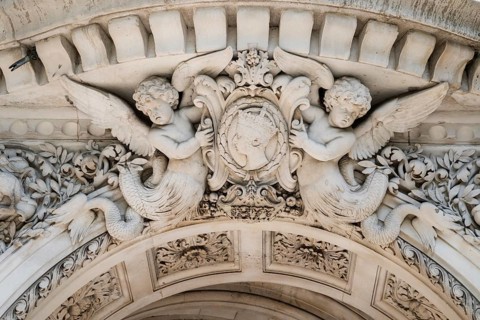 Figures of angels and elaborate floral relief work, Middle Temple Lane entrance, The Inns of Court,