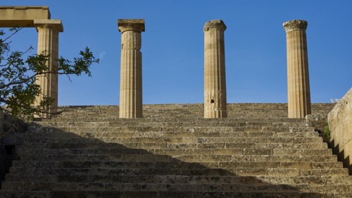 Acropolis of Lindos, morning light, Propylaea with open staircase, Lindos, Rhodes, Dodecanese,