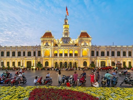 Ho Chi Minh City Hall lit up at night, Saigon, Vietnam, Asia