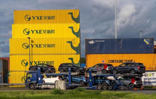 Container of the Chinese goods train operator YXE from Yiwu, China, part of the Silk Road route