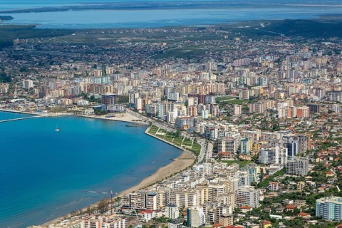 Oblique aerial view of city of Vlore, Albania, Europe