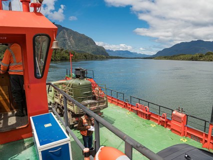 On ferry crossing the river Rio Palena, connecting the road to Puerto Raul Marin Balmaceda,
