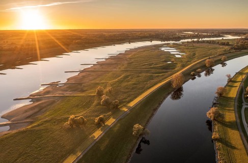 Aerial view of channel Gnevsdorfer Vorfluter and river Elbe at sunset, between Wittenberge and