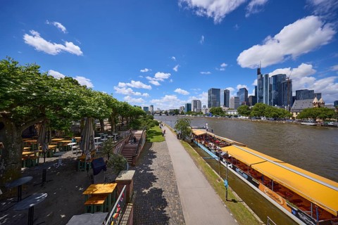 Riverside promenade on the Main with high-rise buildings in Frankfurt am Main, district-free city,