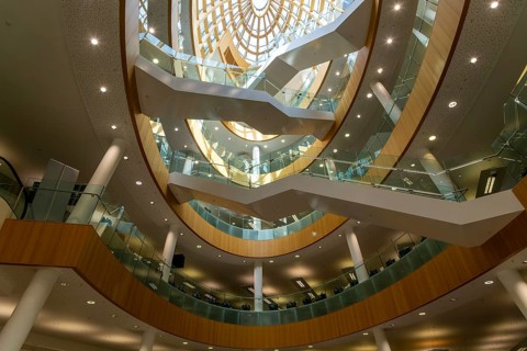 Soaring modern elliptical atrium in the Central Library building, city of Liverpool, England, UK