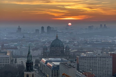 View from the Hotel Park Inn towards the west, Berlin Cathedral in the foreground, sunset, Berlin,