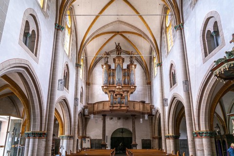 Baroque organ by organ builder Johann Michael Stumm in the interior of the collegiate church of St