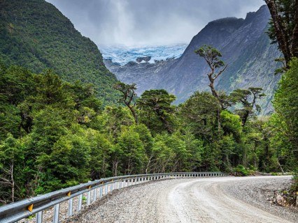 Road Carretera Austral south of Puyuhuapi, glacier above rain forest, Patagonia, Chile, South