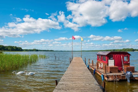 Footbridge with raft at Stolpsee under blue sky with cumulus clouds in summer, Two swans in the