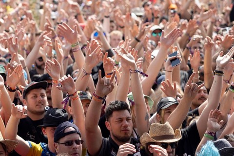 Adenau, Germany, 7 June 2024: Fans listen to Royal Blood at Rock am Ring. The festival takes place