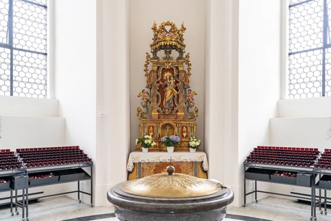 Baptismal font in St. Blasius Cathedral in St. Blasien, Black Forest, Baden-Württemberg, Germany,