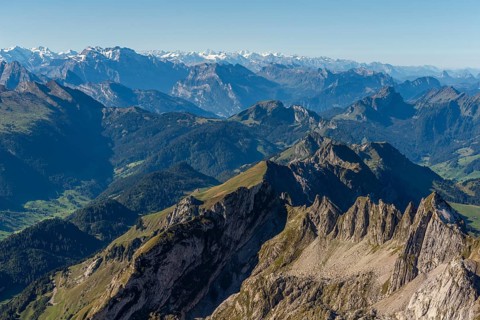 View from the alpine peak Säntis to the Appenzell Alps, 2505m altitude, Schwägalp, snow-covered