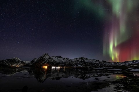 Northern lights over fjord, steep mountains, winter, aurora borealis, Flakstadoya, Lofoten, Norway,