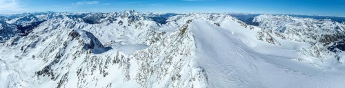 Cevedale summit, Alpine panorama, Aerial view, Snow-covered mountain landscape, Ortler group,