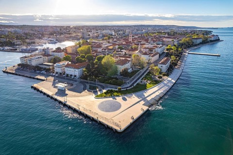 Sea organ, solar installation Greeting to the sun and the old town centre of Zadar seen from the