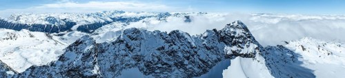 Alpine panorama, aerial view, mountain peak Piz Kesch and glacier Vadret da Porchabella, Albula