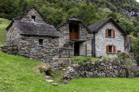 Typical Ticino stone houses in the village of Sonogno, Verzasca Valley, Valle Verzasca, Canton