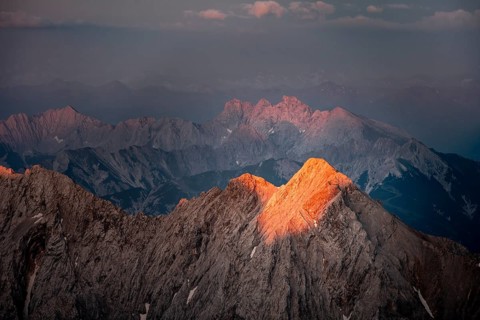 Last light on rocky mountains, Impressive rocky mountain landscape, Steep mountain ridge,
