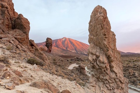 Panorama at sunrise on the Roque Chinchado, also known as the Stone Tree or Finger of God, landmark