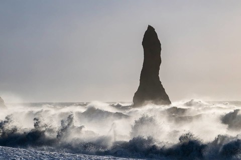 Rock needle in stormy surf, Vík í Mýrdal, Suðurland, Iceland, Europe