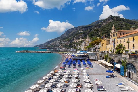 Italy, Amalfi town colorful architecture and Campania Amalfi coast landscapes, Europe