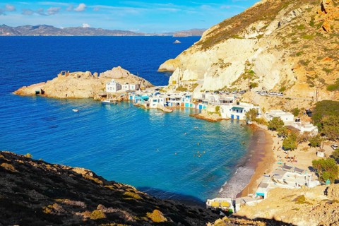 Firopotamos village, high angle view, Firopotamos, Milos Island, Cyclades Islands, Greece, Europe