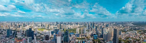 Panoramic view of Bangkok skyline downtown in business financial center from King Power Mahanakhon