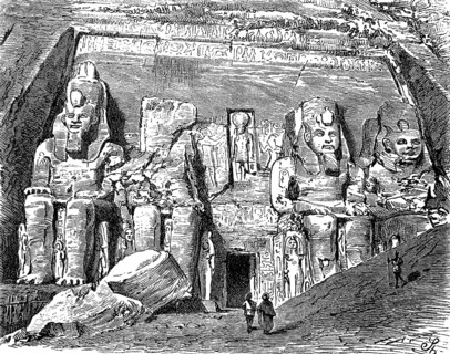 Entrance to the rock temple of Abu Simbel in Egypt, in 1870, historical, digital reproduction of an