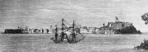 View of the Antlantic island Île de Gorée or Goree off Dakar with European fortress, centre of