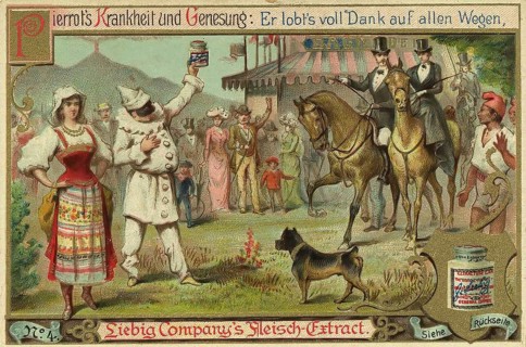 Series Healing of Pierrot by Liebig Meat Extract, Pierrot's illness and recovery, he praises it as
