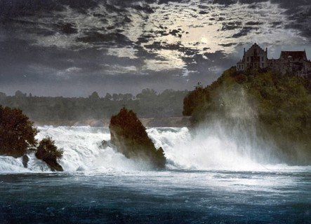 Rhine Falls at night, near Schaffhausen in Switzerland, Historical, digitally restored reproduction
