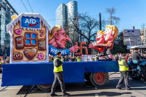 Rose Monday parade in Düsseldorf, themed float by float builder Jacques Tilly, AFD Alice Weidel