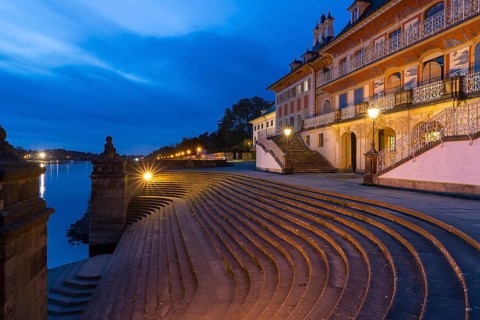 Staircase to the Elbe at the Water Palace of Pillnitz Castle at dusk, Dresden, Saxony, Germany,