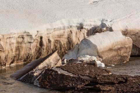 Snowfields at the Heidarvatn lake between Seydisfjördur and Eglisstadur in E Iceland