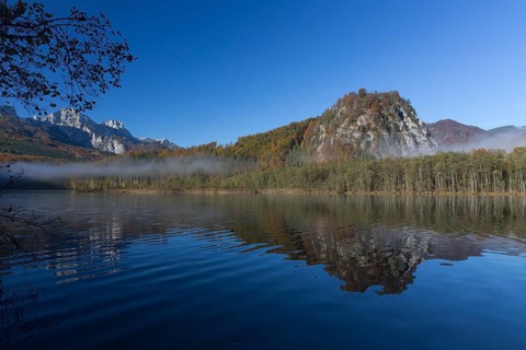 Autumn mood at lake Almsee, Grünau, Austria, Totes Gebirge, Europe