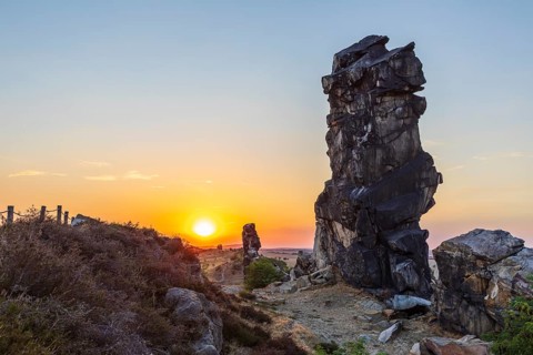 Sunset at the Devil's Wall near Weddersleben, Thale, Harz, Saxony-Anhalt, Germany, Europe